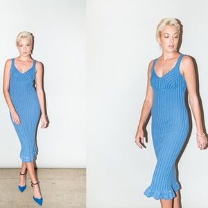 Ronny Kobo Miria Blue Combo Knit Cotton Linen Sleeveless Ruffle Hem Dress